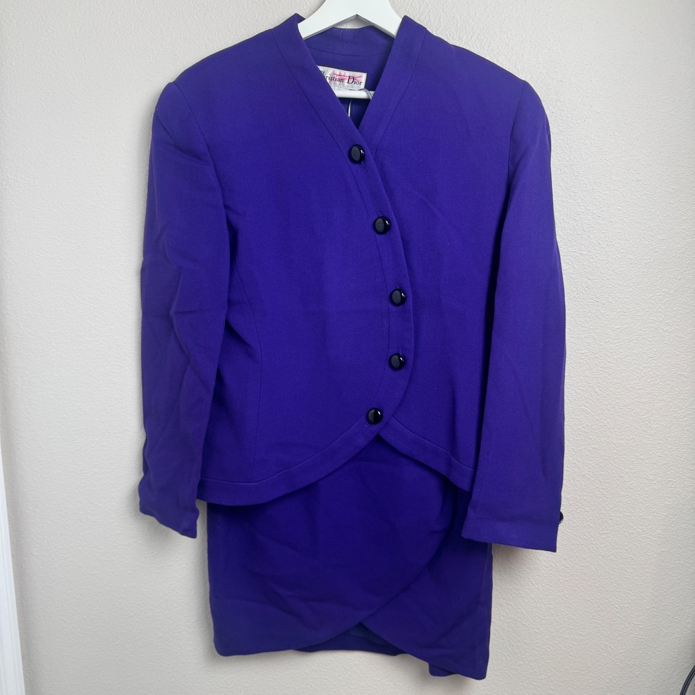 Christian Dior Vintage Skirt Suit 8 Regular Purple Wool Asymmetrical 80s - 90s - Picture 13 of 13